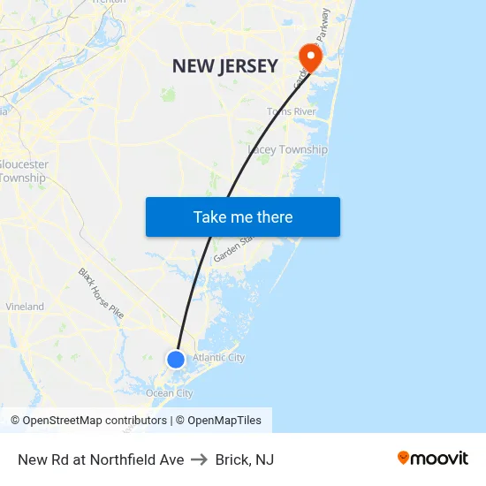 New Rd at Northfield Ave to Brick, NJ map