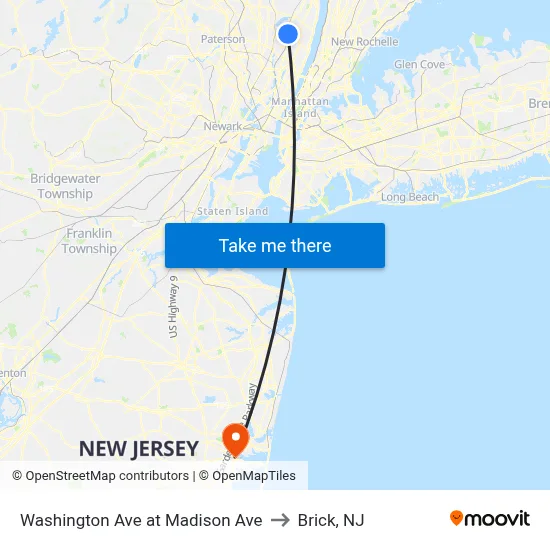 Washington Ave at Madison Ave to Brick, NJ map