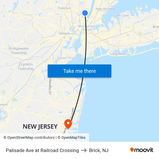 Palisade Ave at Railroad Crossing to Brick, NJ map