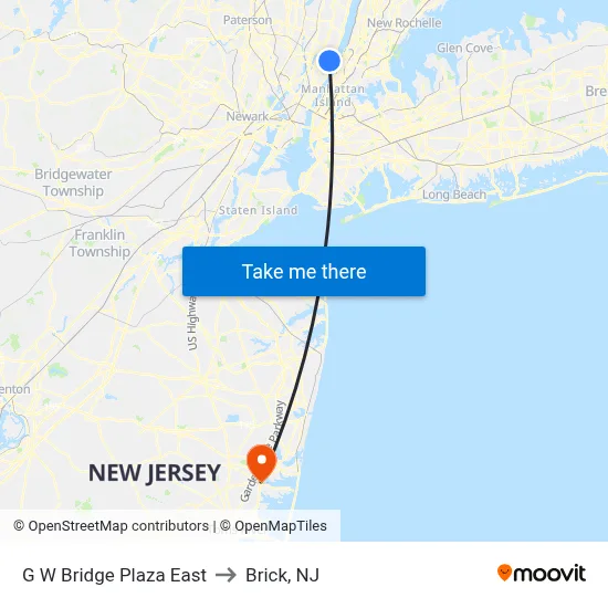 G W Bridge Plaza East to Brick, NJ map
