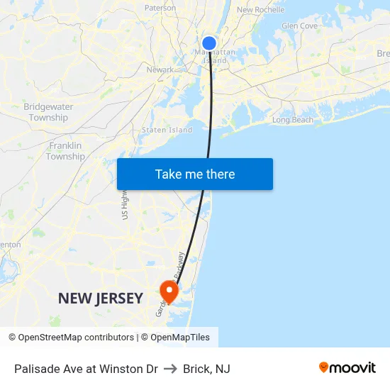 Palisade Ave at Winston Dr to Brick, NJ map