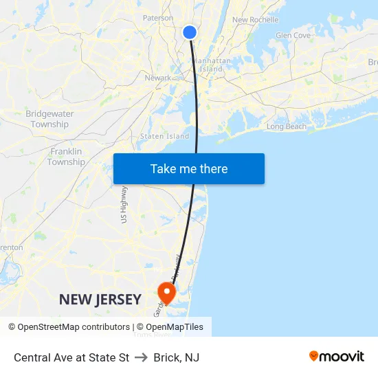Central Ave at State St to Brick, NJ map