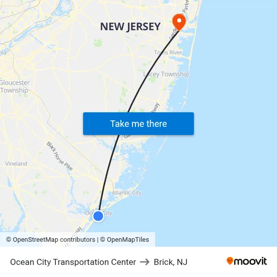 Ocean City Transportation Center to Brick, NJ map