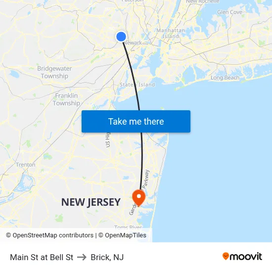Main St at Bell St to Brick, NJ map