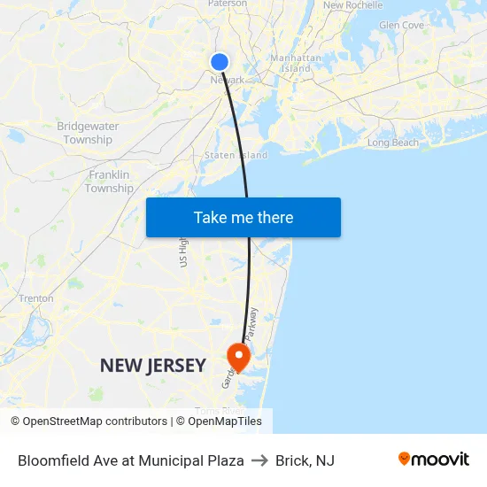Bloomfield Ave at Municipal Plaza to Brick, NJ map
