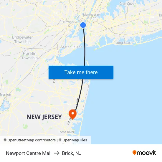 Newport Centre Mall to Brick, NJ map