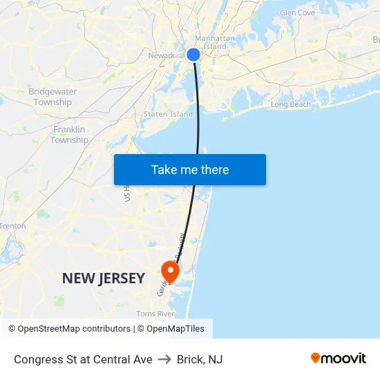 Congress St at Central Ave to Brick, NJ map