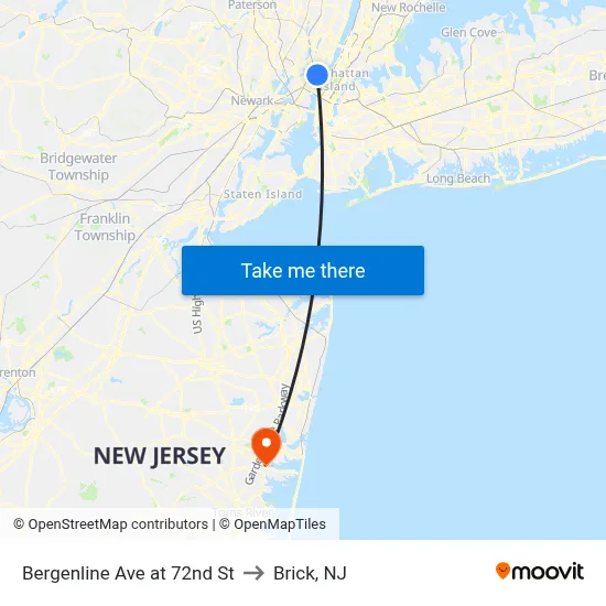 Bergenline Ave at 72nd St to Brick, NJ map