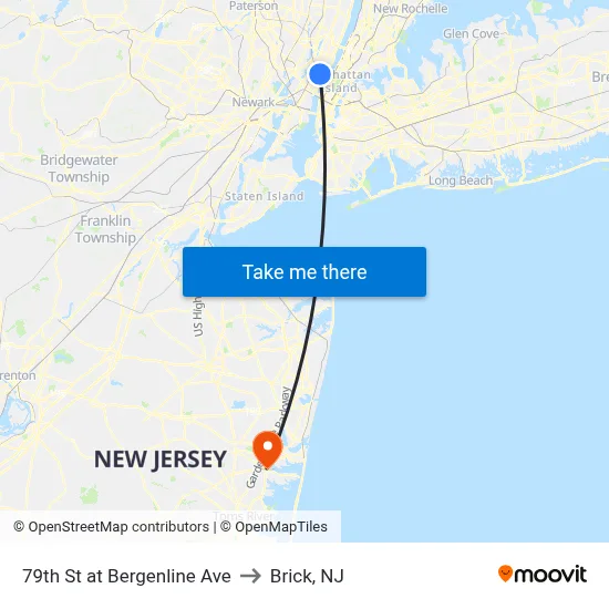79th St at Bergenline Ave to Brick, NJ map