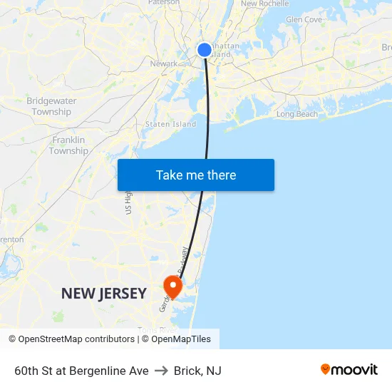 60th St at Bergenline Ave to Brick, NJ map