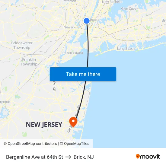 Bergenline Ave at 64th St to Brick, NJ map