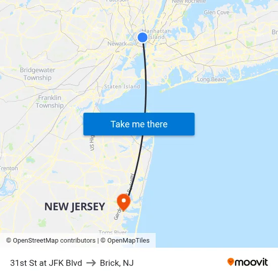 31st St at JFK Blvd to Brick, NJ map