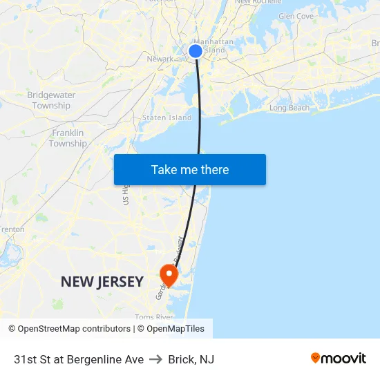 31st St at Bergenline Ave to Brick, NJ map