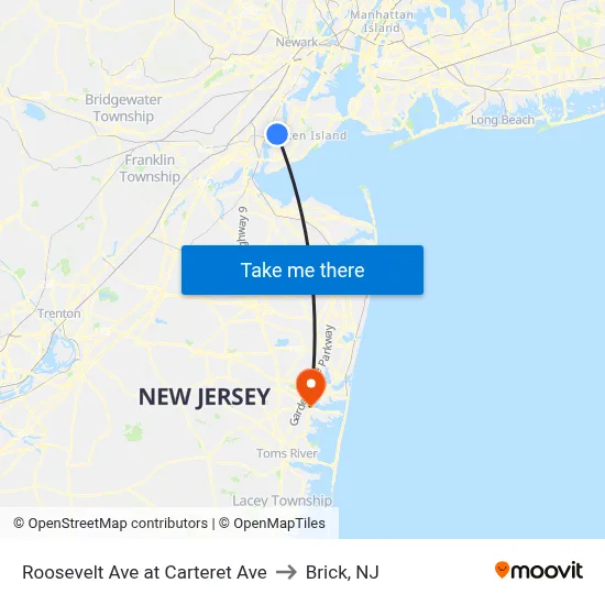 Roosevelt Ave at Carteret Ave to Brick, NJ map