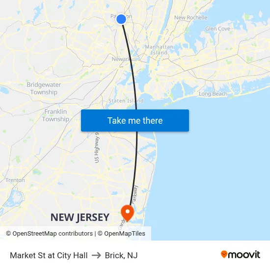 Market St at City Hall to Brick, NJ map