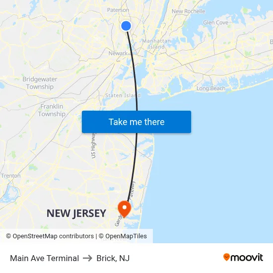 Main Ave Terminal to Brick, NJ map