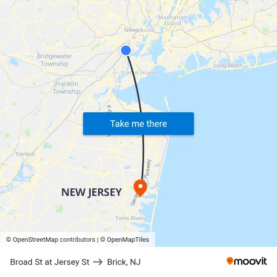 Broad St at Jersey St to Brick, NJ map