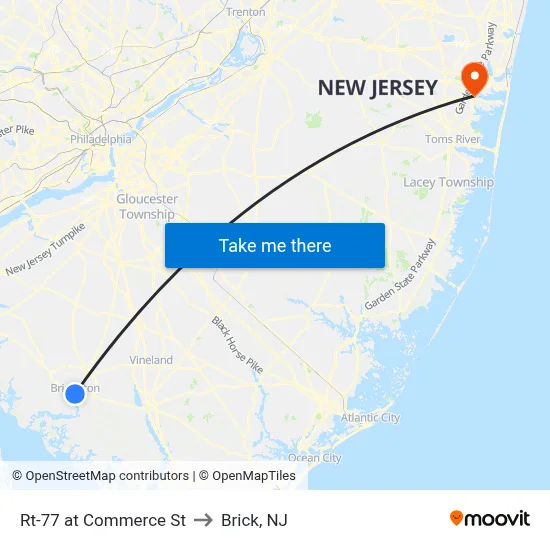Rt-77 at Commerce St to Brick, NJ map
