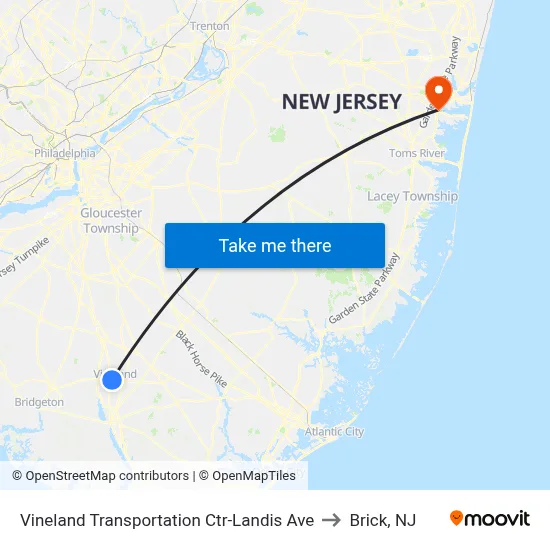 Vineland Transportation Ctr-Landis Ave to Brick, NJ map