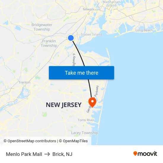 Menlo Park Mall to Brick, NJ map