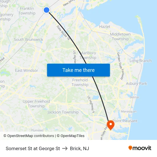 Somerset St at George St to Brick, NJ map