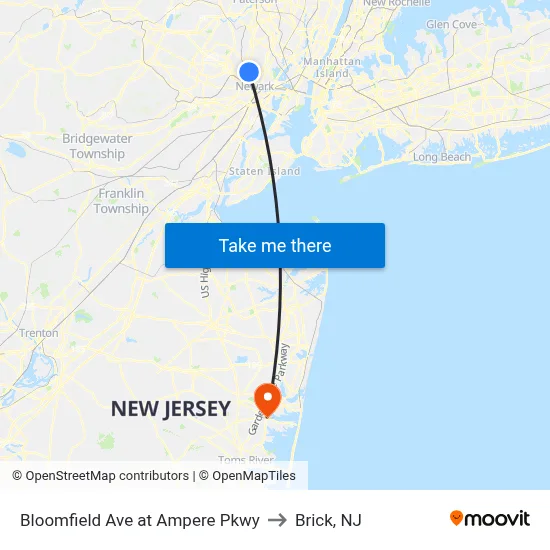 Bloomfield Ave at Ampere Pkwy to Brick, NJ map