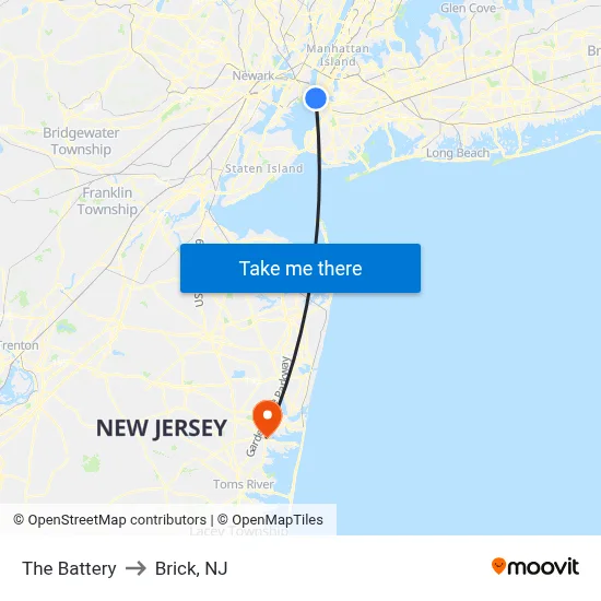 The Battery to Brick, NJ map