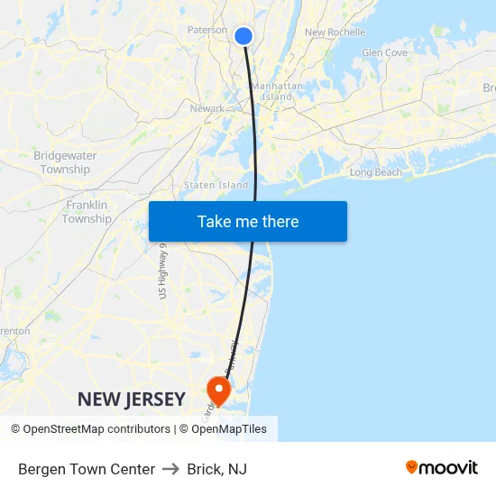 Bergen Town Center to Brick, NJ map