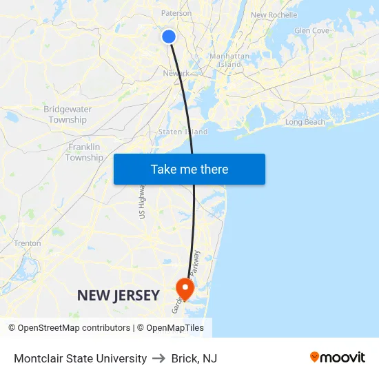 Montclair State University to Brick, NJ map