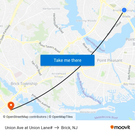 Union Ave at Union Lane# to Brick, NJ map