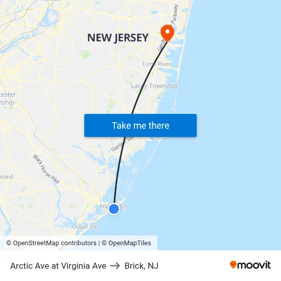 Arctic Ave at Virginia Ave to Brick, NJ map