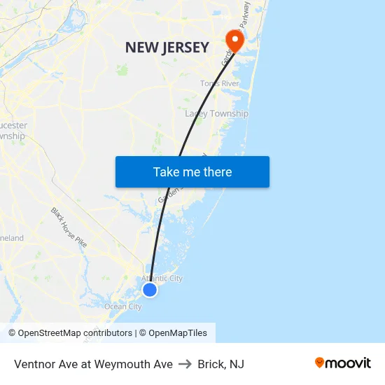 Ventnor Ave at Weymouth Ave to Brick, NJ map