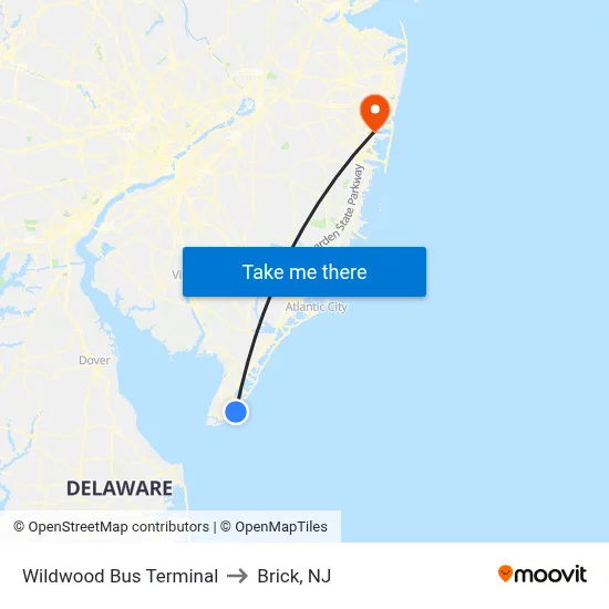 Wildwood Bus Terminal to Brick, NJ map