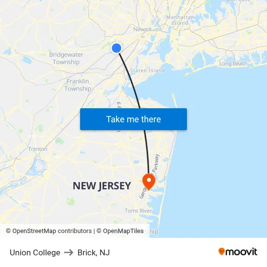 Union College to Brick, NJ map