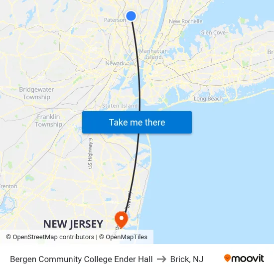 Bergen Community College Ender Hall to Brick, NJ map