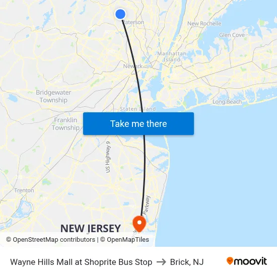 Wayne Hills Mall at Shoprite Bus Stop to Brick, NJ map