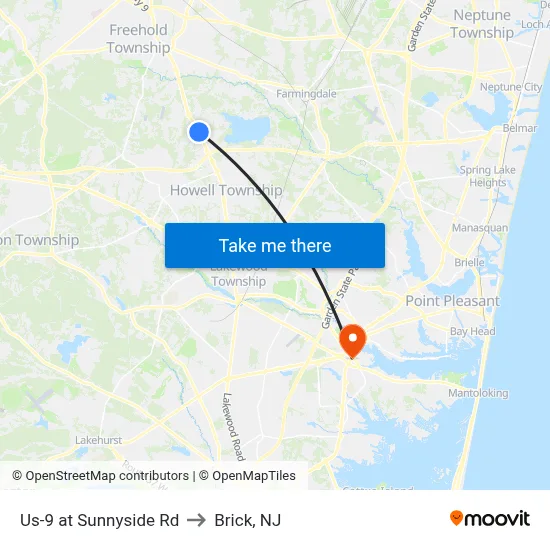 Us-9 at Sunnyside Rd to Brick, NJ map