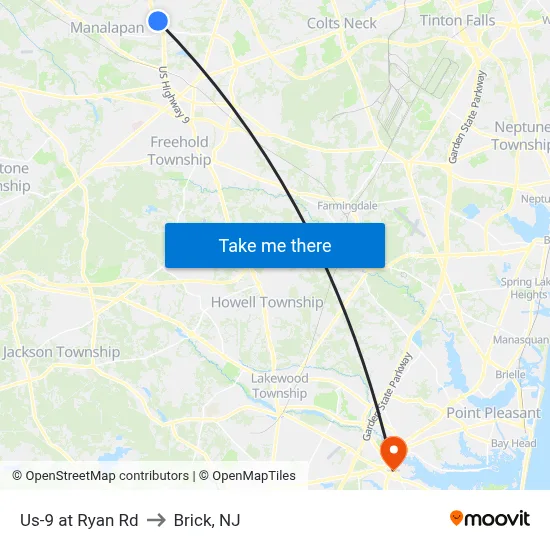 Us-9 at Ryan Rd to Brick, NJ map