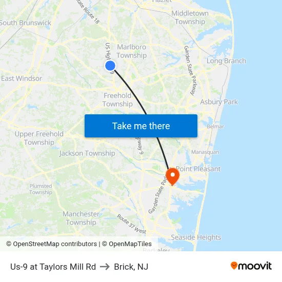 Us-9 at Taylors Mill Rd to Brick, NJ map