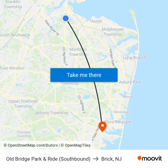 Old Bridge Park & Ride (Southbound) to Brick, NJ map