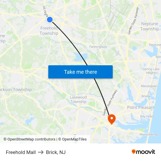 Freehold Mall to Brick, NJ map