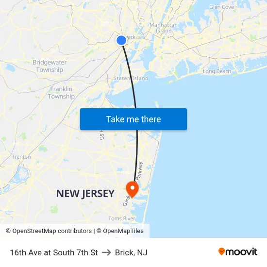 16th Ave at South 7th St to Brick, NJ map