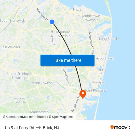 Us-9 at Ferry Rd to Brick, NJ map