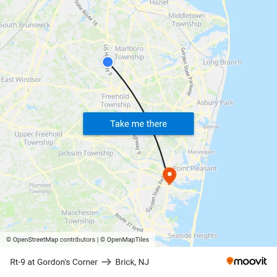 Rt-9 at Gordon's Corner to Brick, NJ map