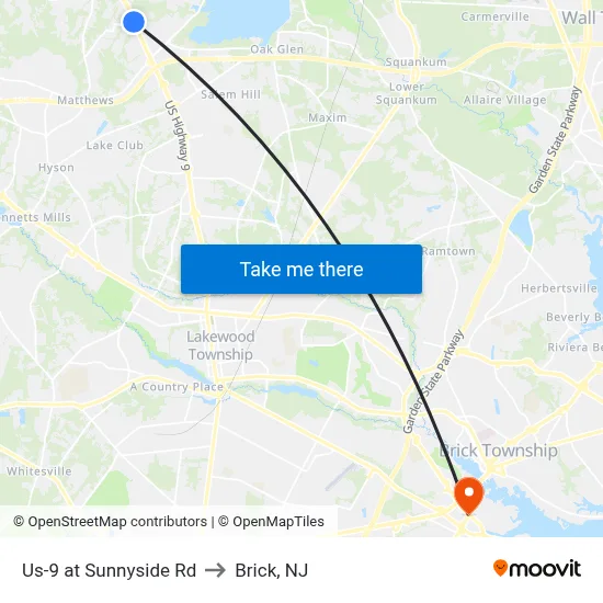 Us-9 at Sunnyside Rd to Brick, NJ map
