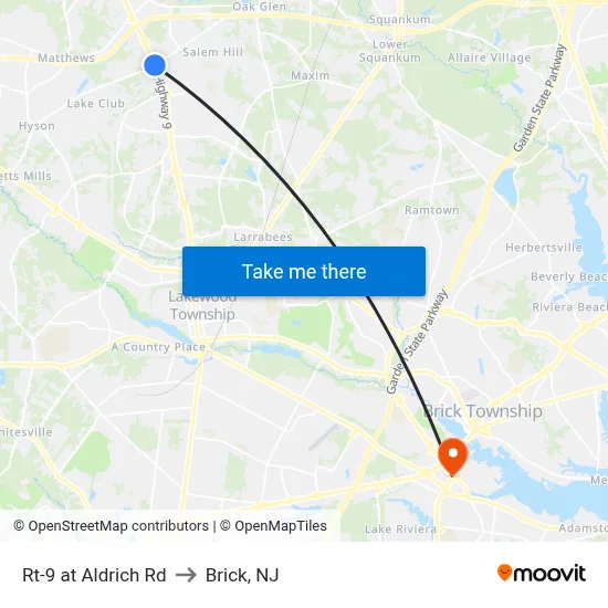 Rt-9 at Aldrich Rd to Brick, NJ map