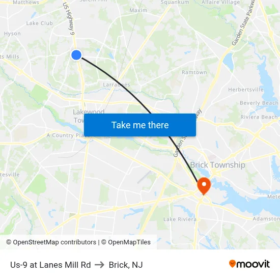 Us-9 at Lanes Mill Rd to Brick, NJ map