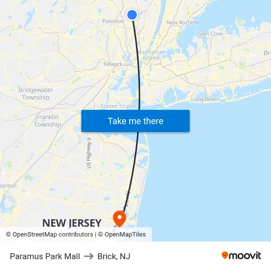 Paramus Park Mall to Brick, NJ map