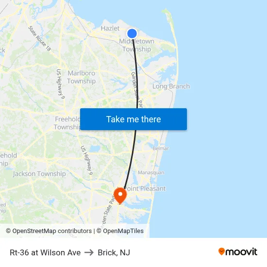 Rt-36 at Wilson Ave to Brick, NJ map