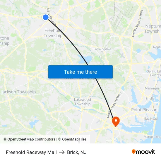 Freehold Raceway Mall to Brick, NJ map